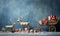 Funny christmas picture with reindeer and carriage with christmas gifts and decorations.