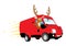 Funny Christmas Reindeer driving a red van and delivering presents