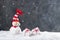 Funny Christmas snowman in knitted striped hat with pompom and gift boxes on snow. Merry Christmas and Happy New Year