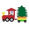 Funny Christmas snowman on a locomotive with a christmas tree, illustration of the animated retrocartoon