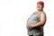 Funny chubby cheerful man with red headband holding his big belly, isolated.