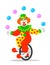 Funny circus clown juggling balls on unicycle