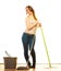 Funny cleaning woman mopping floor