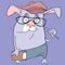 Funny clever cartoon gray hare with glasses pants and a cap