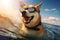 Funny close up photo of dog swimming and enjoying sea waves wearing sunglasses