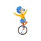 Funny clown cartoon character riding unicycle, birthday, carnival party or circus performance vector Illustration on a