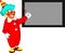 Funny clown cartoon standing with smile and pointing blackboard
