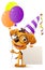 Funny clown dog holding balloons and blank paper