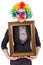 Funny clown girl with frame isolated