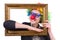 Funny clown girl with frame isolated