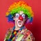 Funny clown with glasses on red