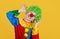 Funny clown isolated on yellow background. Closeup of little clown in green wig.