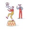 Funny clown juggling with rings. Circus characters in retro costumes making show