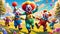 Funny clown running dancing bear flowers outdoor play