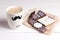 Funny coffee mug with tasty creative cookies on white table.  Father`s Day concept