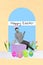 Funny collage guy podium with smartphone happy easter celebration prepare feast colored paschal eggs religion isolated