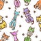 Funny colorful cartoon tabby cat seamless pattern. Crayon like child`s hand drawn cute kitten clip art set.