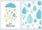 Funny colorful drops of rain clouds set. Vector autumn banner fall rainy background Smile Character