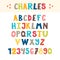 Funny colorful hand drawn English alphabet. Cute letters and numbers. Font
