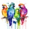 Funny colorful parrots with watercolor splash