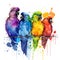 Funny colorful parrots with watercolor splash