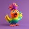 Funny colorful rooster on a purple background. 3d illustration