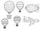 Funny coloring kids air transport set. Hot air balloon, airship, airplane and parachutist cartoon black and white vector