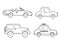 Funny coloring kids transport set. Cars and vehicles cartoon vector black and white illustration isolated on white background