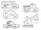 Funny coloring kids transport set. School bus, ambulance, excavator, fire engine, police car cartoon black and white vector
