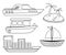 Funny coloring kids water transport set. Boat, yacht, sailboat, motorboat, container ship and desert island cartoon black and