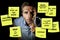 Funny composite of man reading yellow post it notes left by his wife with domestic chores and duties in couple lifestyle