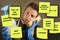 Funny composite of man reading yellow post it notes left by his wife with domestic chores and duties in couple lifestyle