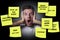 Funny composite of man reading yellow post it notes left by his wife with domestic chores and duties in couple lifestyle