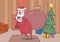 Funny confused Santa Claus with big bag of gifts in room with decoreted Christmas tree and a fireplace. Santa looks lost