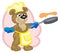 A funny cook-bear is frying pancakes
