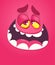 Funny cool cartoon monster face. Vector Halloween pink monster character tired.