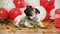 A funny cool pug with glasses celebrates Valentine's Day among red and white balls. Pets and holidays.