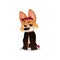 Funny corgi in black cloak with devil horns and tail. Cartoon dog character with insidious muzzle expression. Domestic