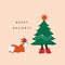 Funny corgi and Christmas tree. Abstract cartoon corgie dog sitting near the green tree, Christmas New Year vector card
