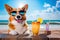 Funny corgi dog drinking cocktails at the bar. Beach ocean view. Summer vacation, holidays concept. Generative AI.