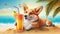 Funny corgi dog on sea beach, pet relaxes with cocktail on vacation, generative AI