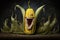 Funny corn on the cob with eyes and mouth on a dark background