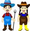 Funny couple farmer cartoon holding rake
