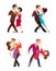 Funny couples dancing latin and foxtrot dance. Male and female characters isolate on white