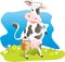 Funny cow carry wooden pail with milk