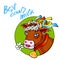 Funny cow carry wooden pail with milk. Lawn, flowers and sky. Vector illustration