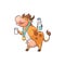 Funny cow drinking milk from glass and bottle, cute cartoon character standing with funny face