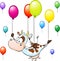 funny cow flying with colorful balloon isolated