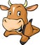 Funny cow peeks out from behind a white surface - vector cartoon