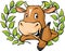 Funny cow peeks out from behind a white surface - vector cartoon illustration.Funny cow in laurel wreath show thumb up